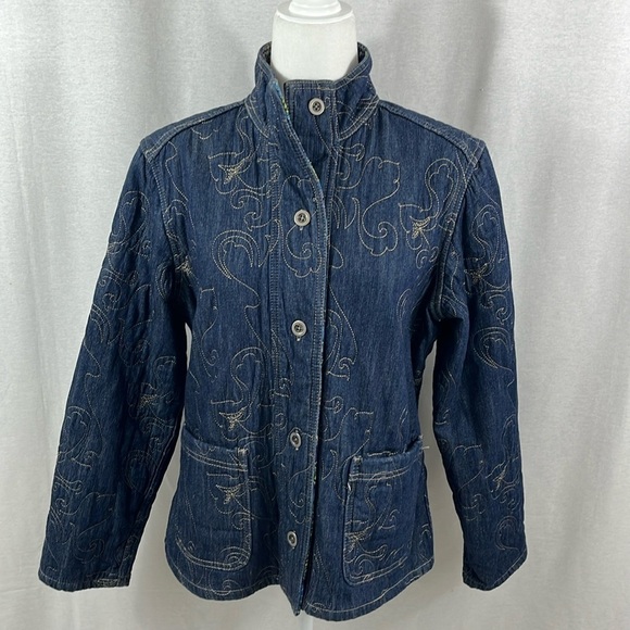 Chicos Reversible Quilted Denim Paisley Button Jacket Womens Size 2 Country Boho - Picture 1 of 13